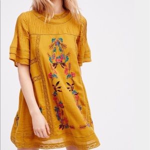 Free People Mustard Embroidered Dress